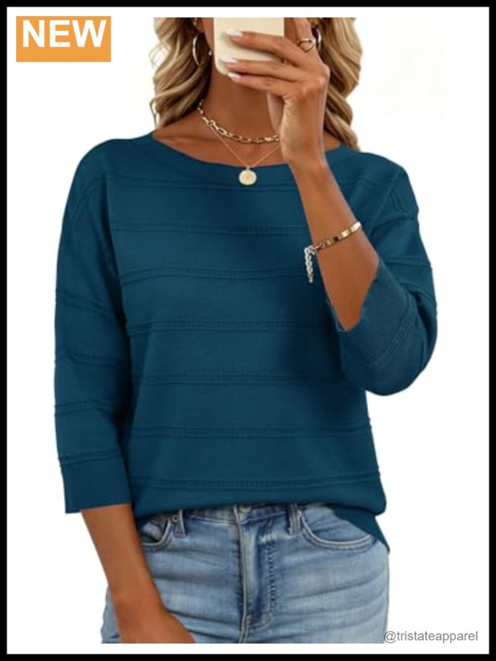 Womens Lightweight Knit Boat Neck 3/4 Sleeve Pullover Sweater Casual Top